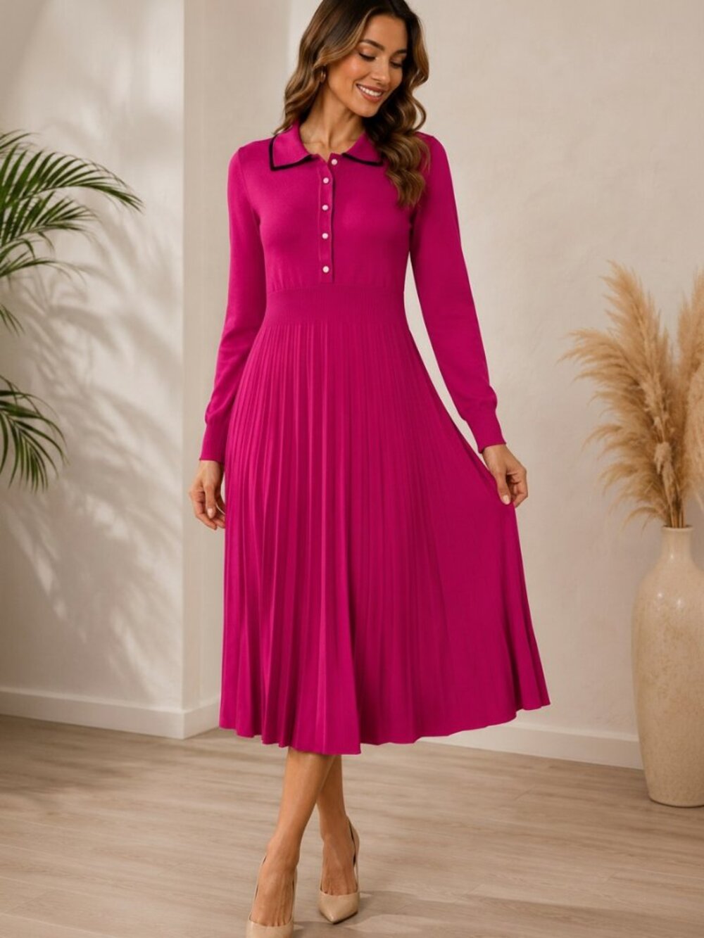 SHEIN Fuchsia Knit Collared Midi Dress Pearl Button Long Sleeve Size M